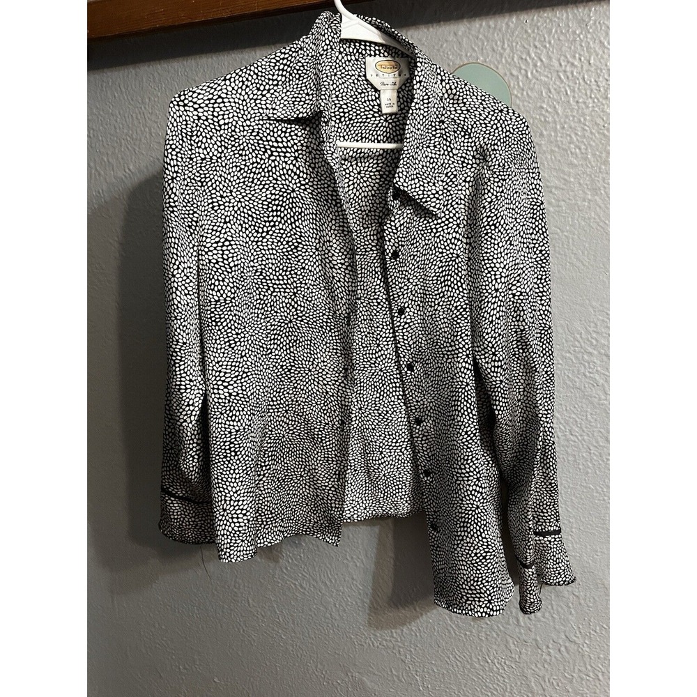 Vintage Talbots Women's 3/4 Sleeve‎ Button Up Blouse black Gray Size 14P Silk